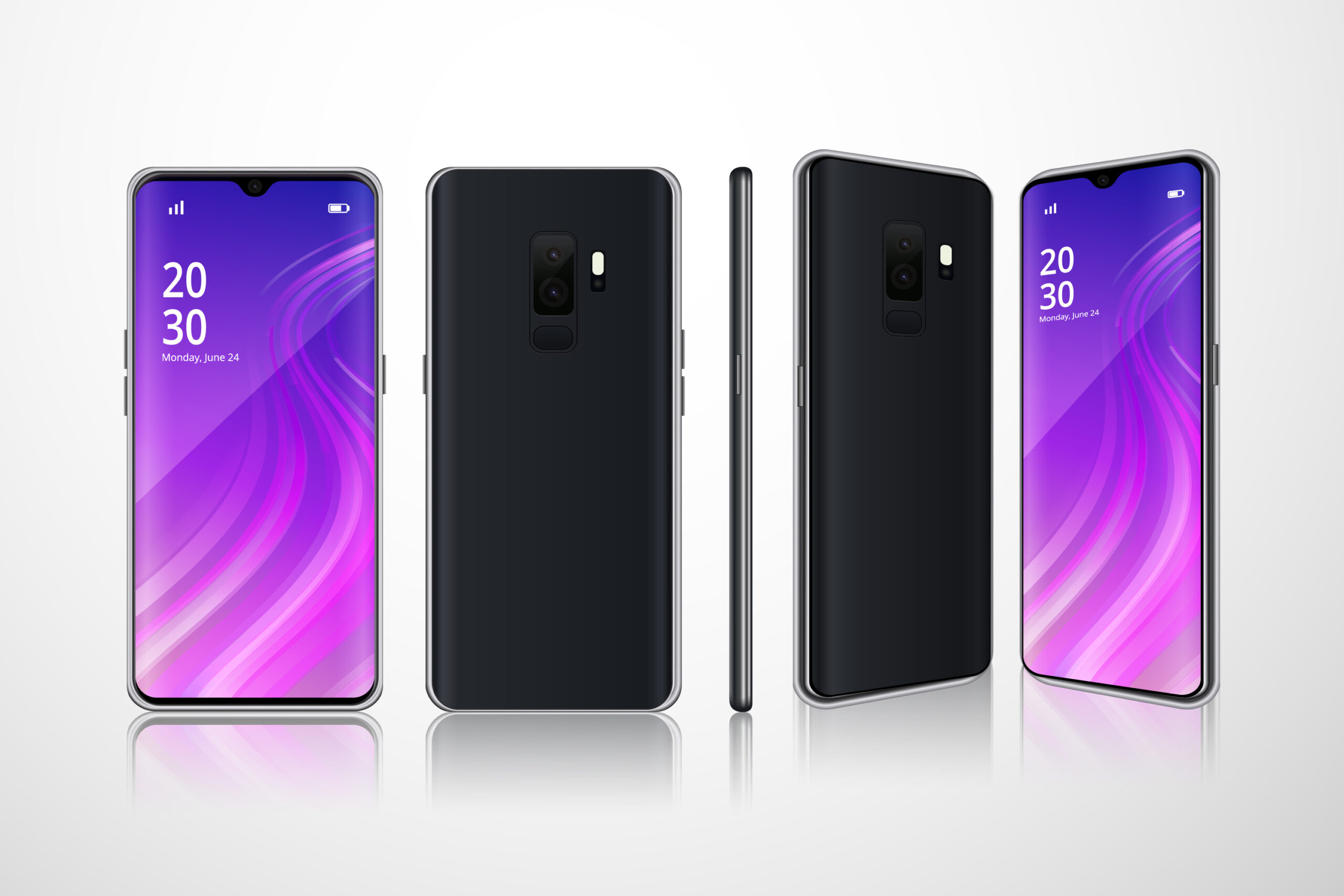 A sleek smartphone displayed from multiple angles, featuring a vibrant purple screen and a dual-camera setup on the black back.