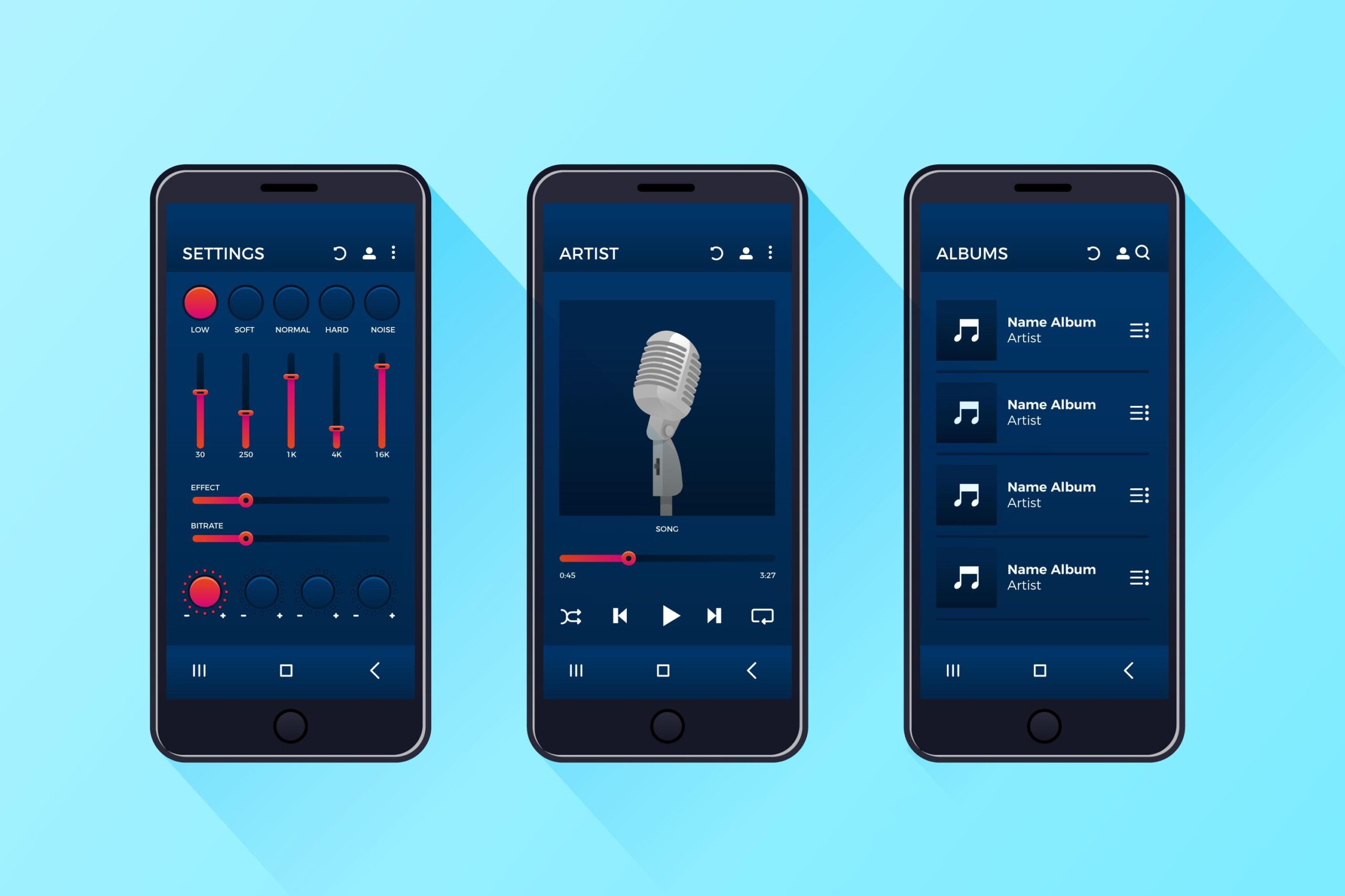 three smartphones with equalizer on one screen and music playlist on other