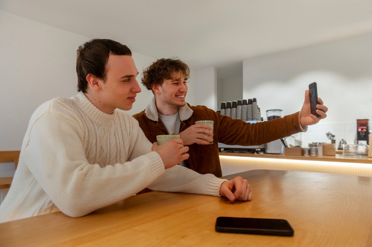 Two young men enjoy drinks while taking a selfie in a modern café, with a warm wooden table and soft lighting in the background.