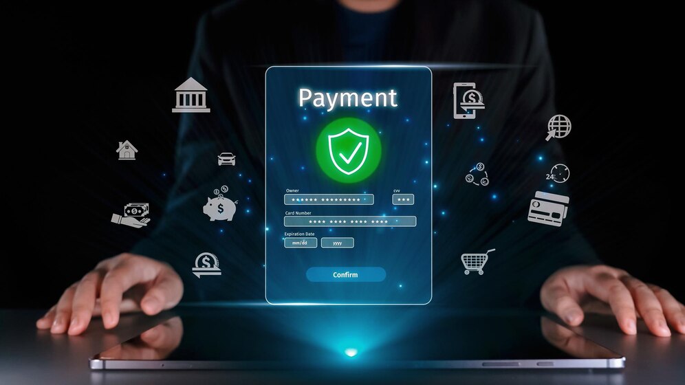 A person navigating a secure online payment form on a tablet, surrounded by icons representing finance, security, and shopping.