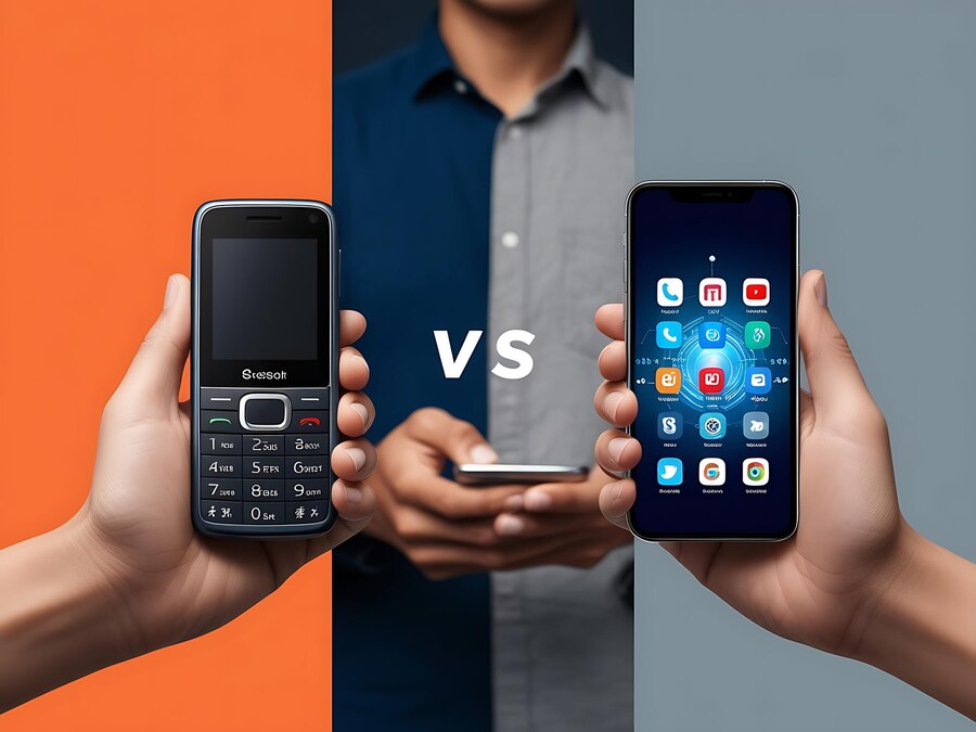 A comparison of a basic cell phone and a modern smartphone, highlighting the contrast between simplicity and advanced technology.